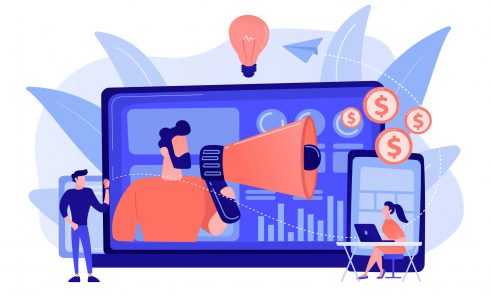 Marketer delivering ads with megaphone and devices. Cross-device marketing, cross-device marketing analysis and strategy concept on white background. Pinkish coral bluevector isolated illustration